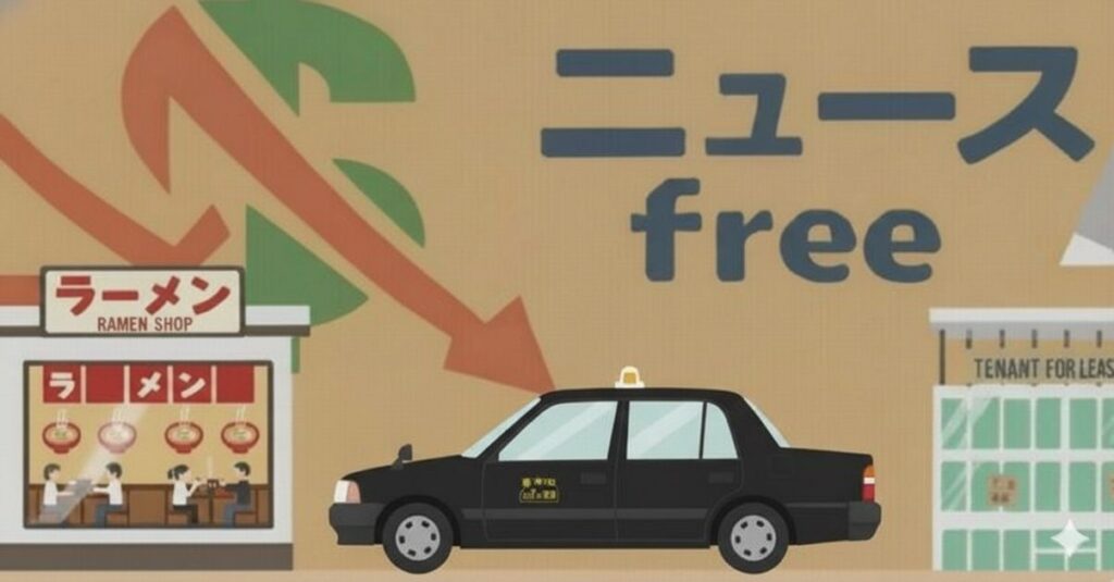 「ニュース free」と書かれた背景に、黒いタクシーが一台配置されており、左隣には「ラーメン RAMEN SHOP」の看板と店内の様子が描かれ、右隣には「TENANT FOR LEASE」と書かれた空き店舗の建物が描かれている。全体として、街の景観と経済的な動きを示すイラスト。