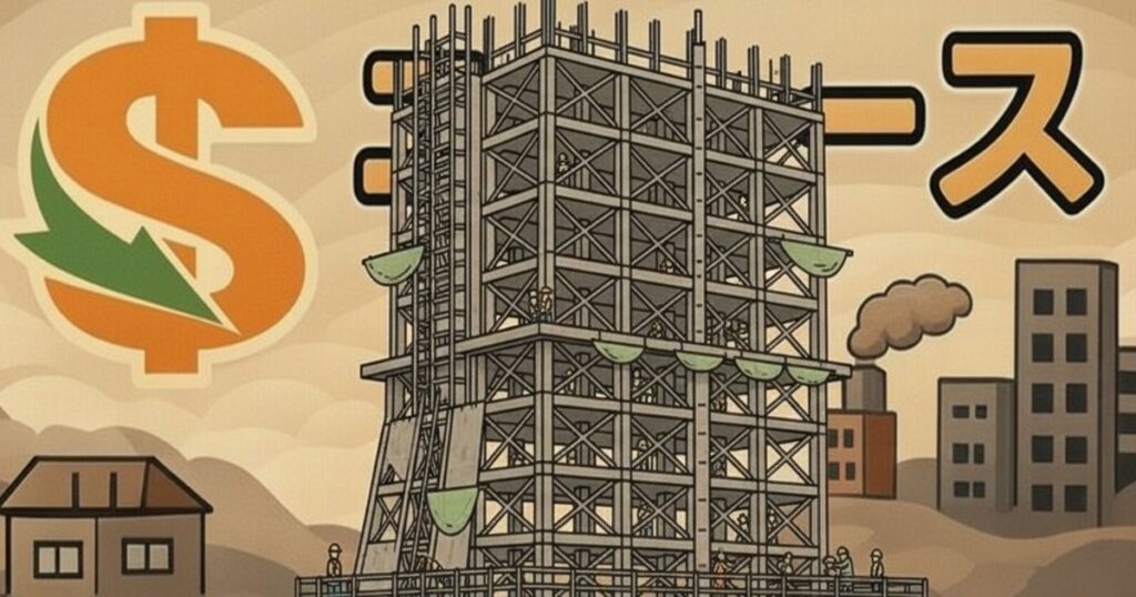 建設途中の大型ビルと経済ニュースを示すイラスト