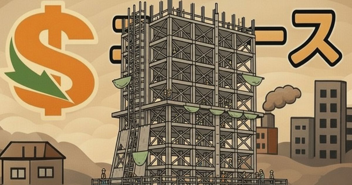 建設途中の大型ビルと経済ニュースを示すイラスト