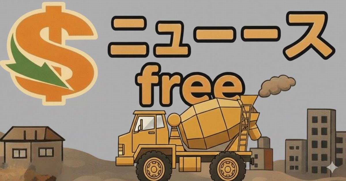 ニュースfreeのヘッダー画像。オレンジ色のドルマークとミキサー車のイラストが描かれているデザイン。