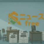 ニュースfreeのロゴが描かれた静かなオフィスと複合機のイラスト