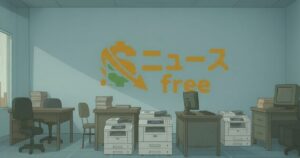 ニュースfreeのロゴが描かれた静かなオフィスと複合機のイラスト