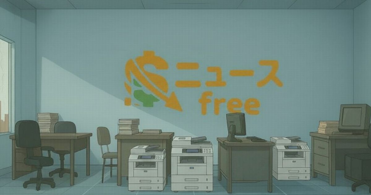 ニュースfreeのロゴが描かれた静かなオフィスと複合機のイラスト