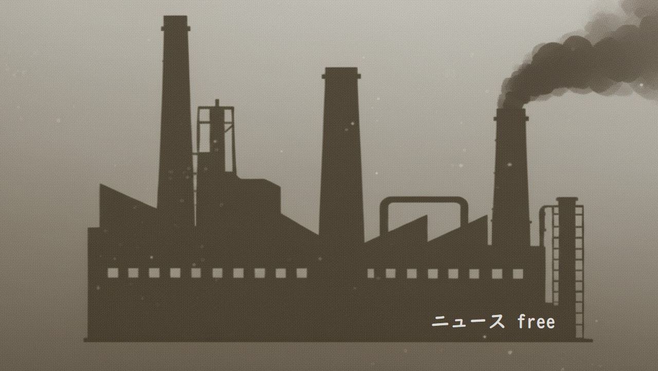 破産した工場をイメージしたシルエット画像。煙を上げる廃業工場とニュースfreeの文字。