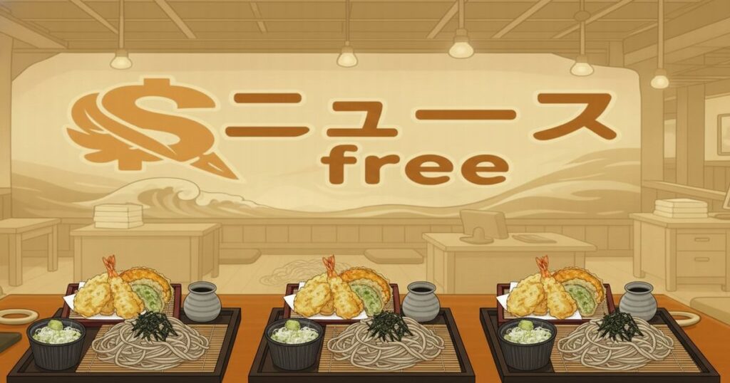 ニュースfreeの背景に、天ぷら蕎麦のセットが並ぶデザイン画像