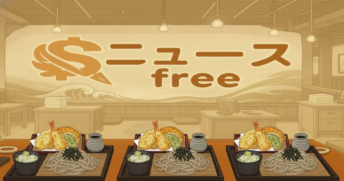 ニュースfreeの背景に、天ぷら蕎麦のセットが並ぶデザイン画像