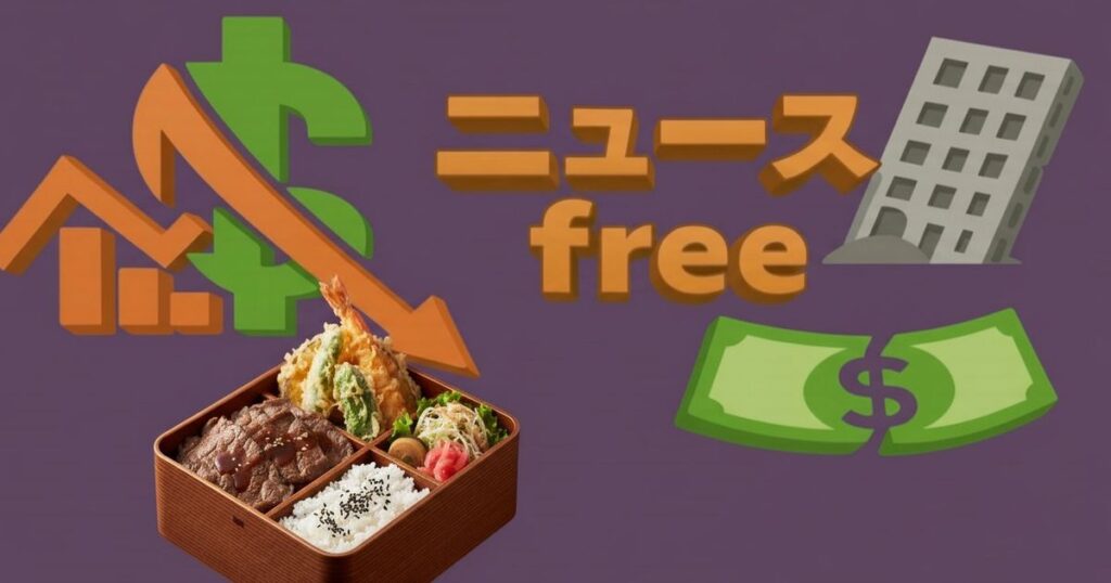 物価下落と経済減速を象徴するグラフとドルマーク、転倒したビル、節約をイメージする弁当の写真と「ニュースfree」の文字が入った画像