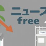 ニュースfreeのロゴと倒れるビル、建設会社のイラスト、経済下落を示す矢印