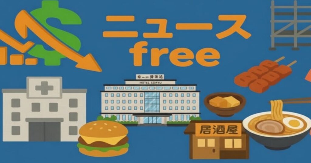 青い背景に「ニュース free」の文字と、下降トレンドを示すドル記号とグラフが配置されている。中央にはホテルの建物があり、その周囲には病院、飲食店、アパレルなど、倒産を示唆する様々な業種のイラストが配置されている。