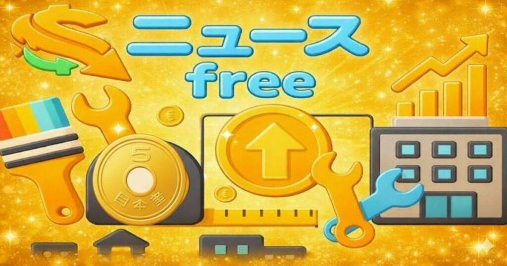 お金と固定費削減をイメージしたニュース用イラスト。5円硬貨やメジャー、工具、上昇グラフで節約と収支改善を表現