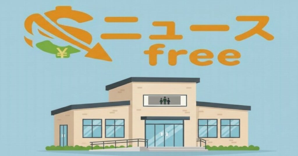 ニュースfreeの文字と福祉事業所の建物を描いたイラスト