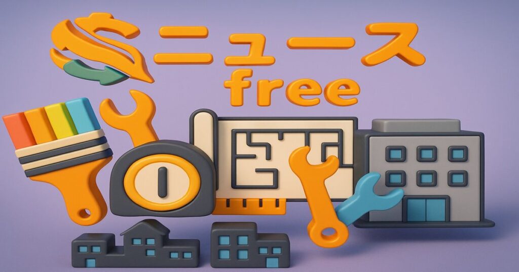 倒産ニュースの共通イメージ。工具や建物のアイコンを配置した破綻・経営不振を表すイラスト