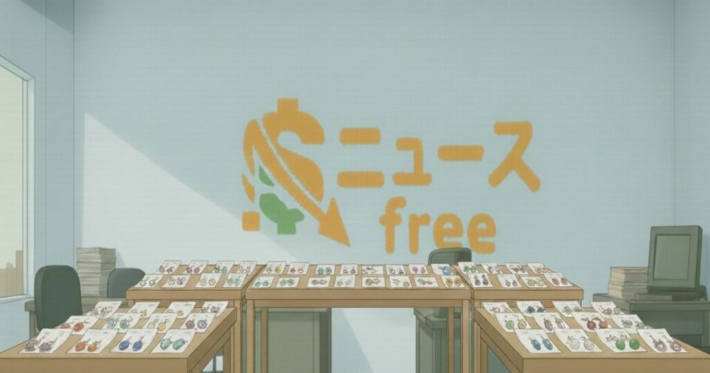 アニメ風のオフィスで多数のアクセサリー商品がテーブルに並び、壁に「ニュース free」の看板が描かれている様子