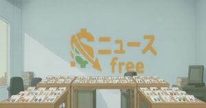 アニメ風のオフィスで多数のアクセサリー商品がテーブルに並び、壁に「ニュース free」の看板が描かれている様子