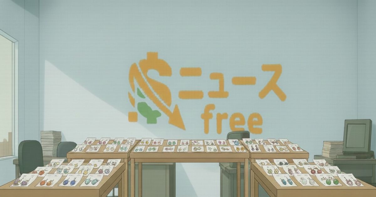 アニメ風のオフィスで多数のアクセサリー商品がテーブルに並び、壁に「ニュース free」の看板が描かれている様子