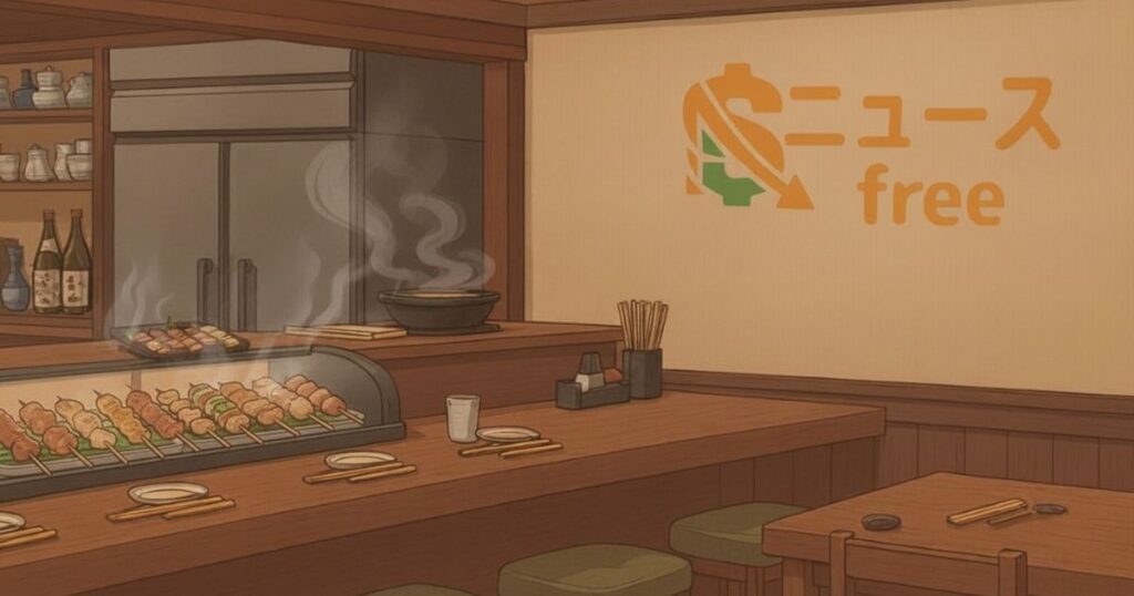 カウンターテーブルに焼き鳥が並ぶ店内イラスト