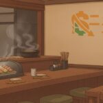 カウンターテーブルに焼き鳥が並ぶ店内イラスト