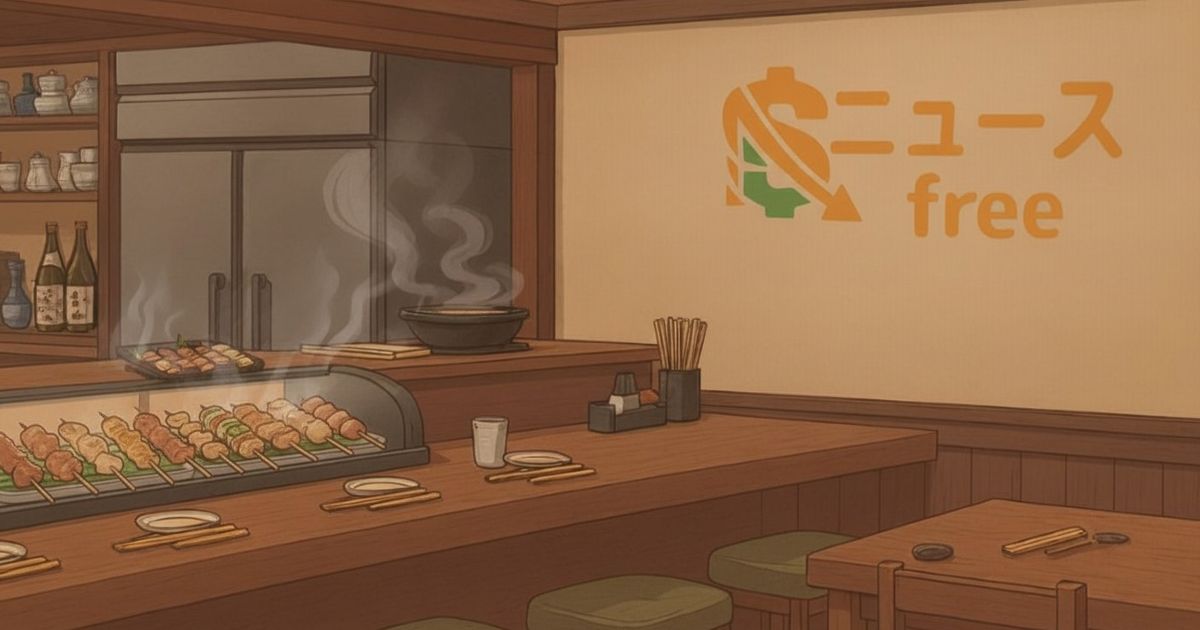 カウンターテーブルに焼き鳥が並ぶ店内イラスト