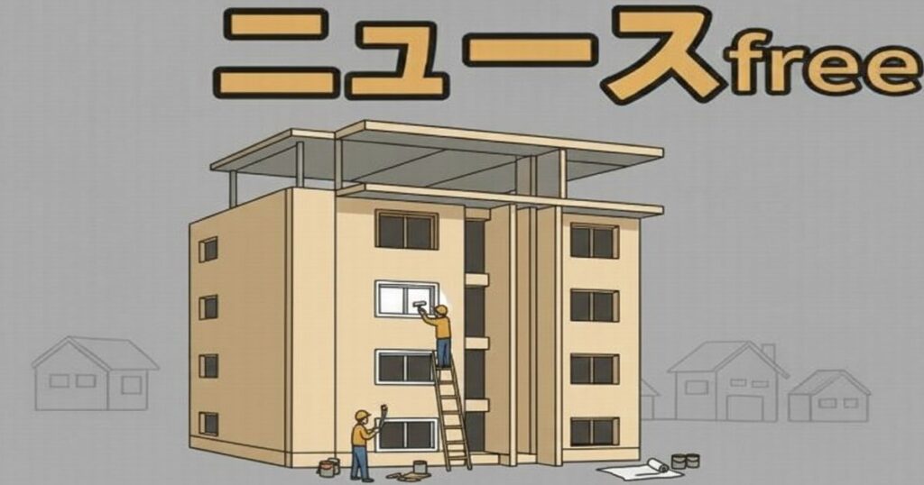 マンション外壁を職人がペンキ塗りしているイラスト