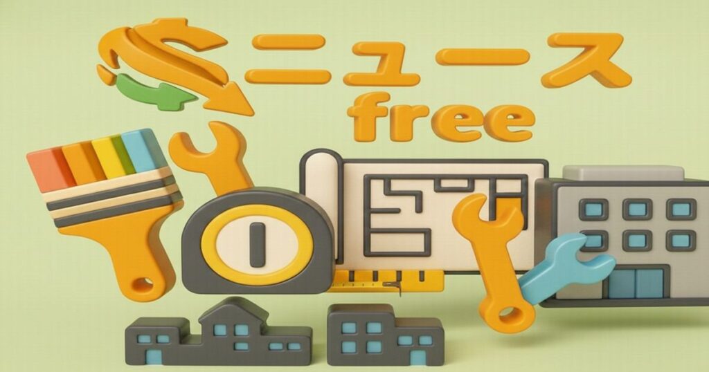 倒産ニュースの共通イメージ。建物と工具を用いた企業イメージの3Dイラスト。