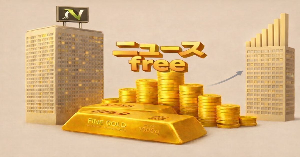 ニュースfreeの3Dロゴと金塊・金貨、成長を示すビルのイメージ