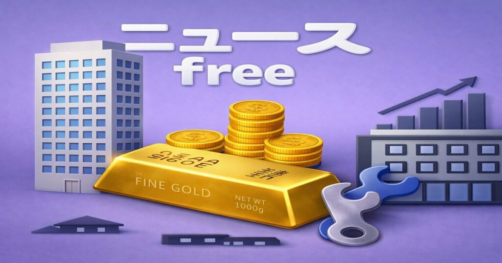 金融不安や経営危機を表現した金塊とオフィスビルのイラスト