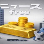 企業倒産や金融問題を象徴する金塊とビルのイメージ画像