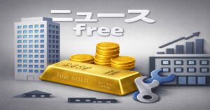 企業倒産や金融問題を象徴する金塊とビルのイメージ画像