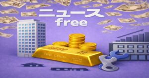 ニュースfreeを象徴する金の延べ棒とコイン、ビル群と降り注ぐ紙幣のイメージ