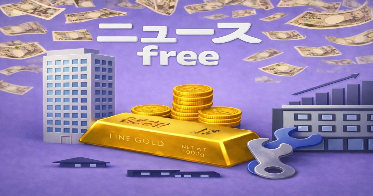 ニュースfreeを象徴する金の延べ棒とコイン、ビル群と降り注ぐ紙幣のイメージ