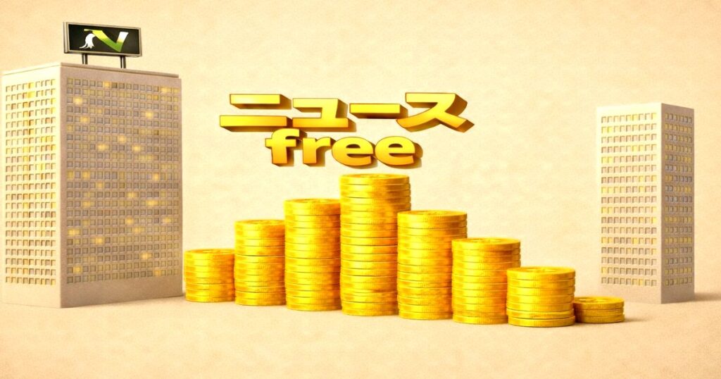 金貨が積み上がり「ニュースfree」の文字が浮かぶビル街イメージ