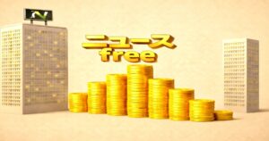 金貨が積み上がり「ニュースfree」の文字が浮かぶビル街イメージ