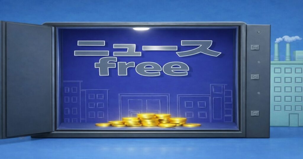金庫の中に積まれたコインと「ニュースfree」の文字を表現したイメージ
