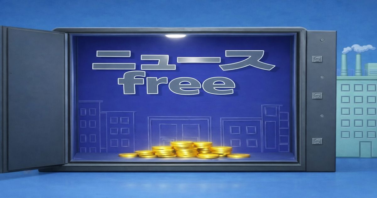 金庫の中に積まれたコインと「ニュースfree」の文字を表現したイメージ