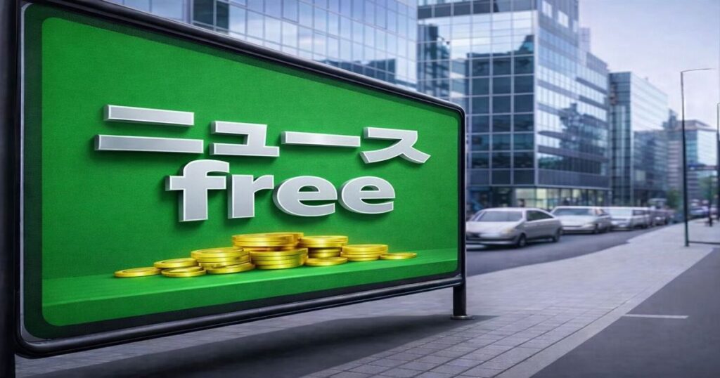 都市部の街路に設置された「ニュースfree」と書かれた大型モニター