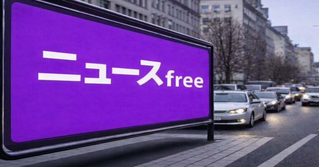 紫色の看板に「ニュースfree」と表示され、車が渋滞する都市部の道路風景
