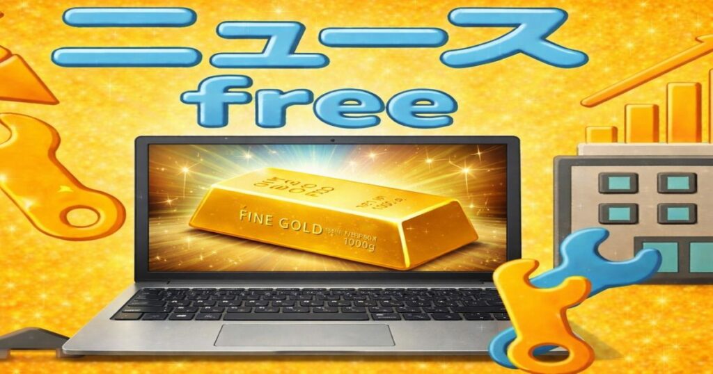 金塊が表示されたノートPC画面とニュースfreeのイメージイラスト