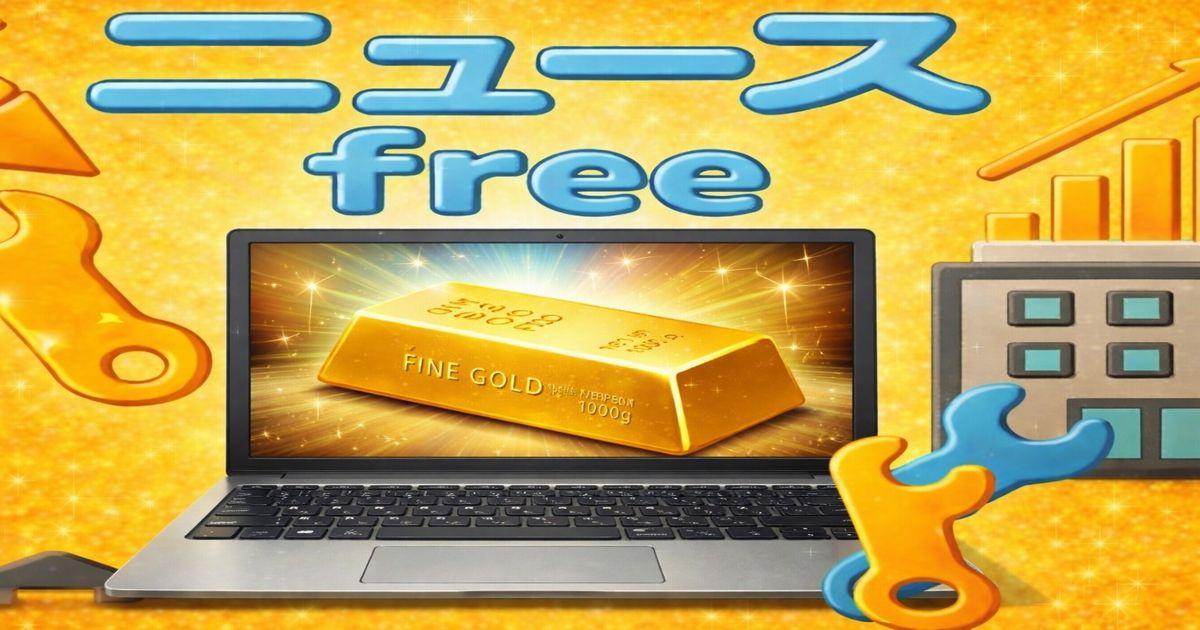 金塊が表示されたノートPC画面とニュースfreeのイメージイラスト
