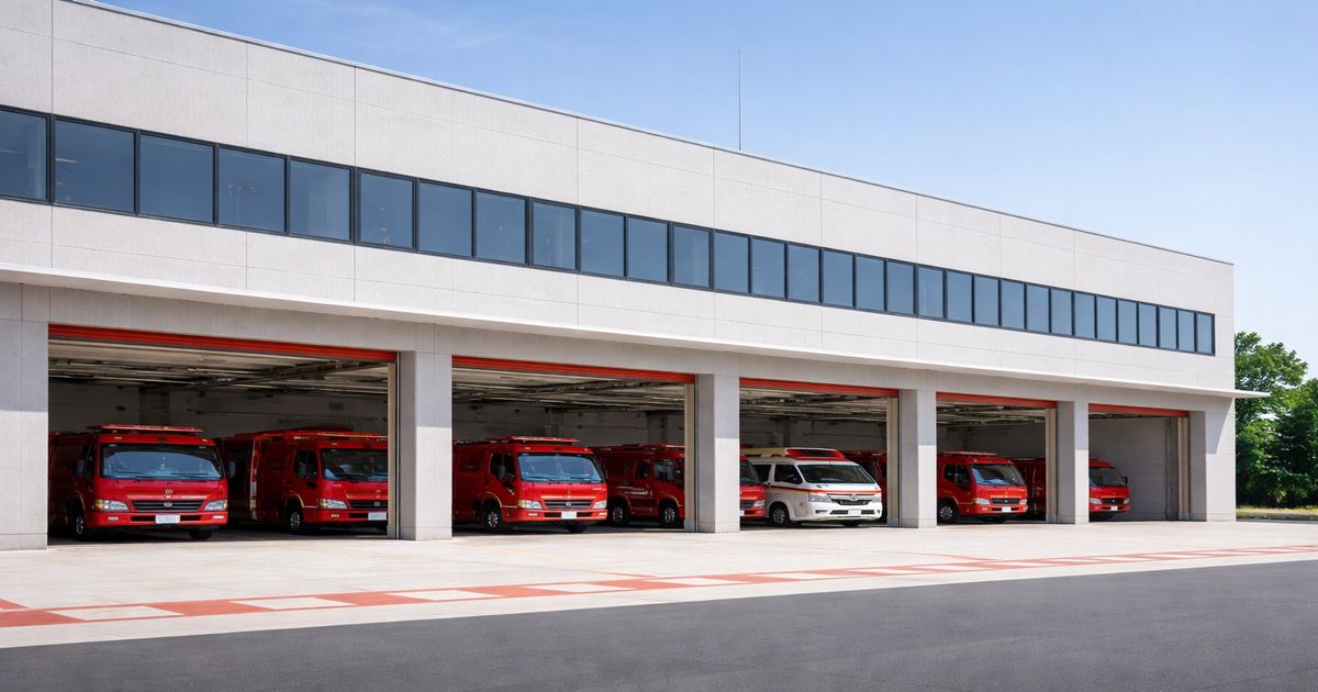 消防署に待機する消防車 火事速報イメージ