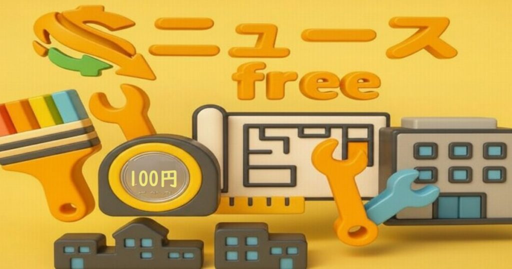 100円硬貨と工具アイコンで表現した無料修理サービスのイメージ