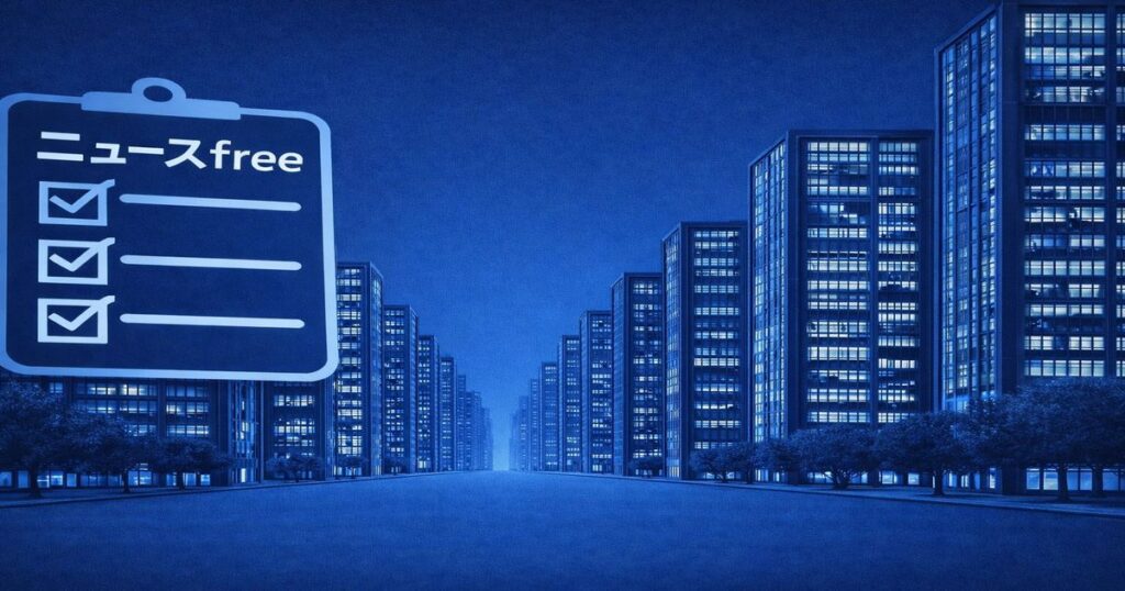 企業倒産ニュースをイメージしたネイビーカラーの都市背景ビジュアル